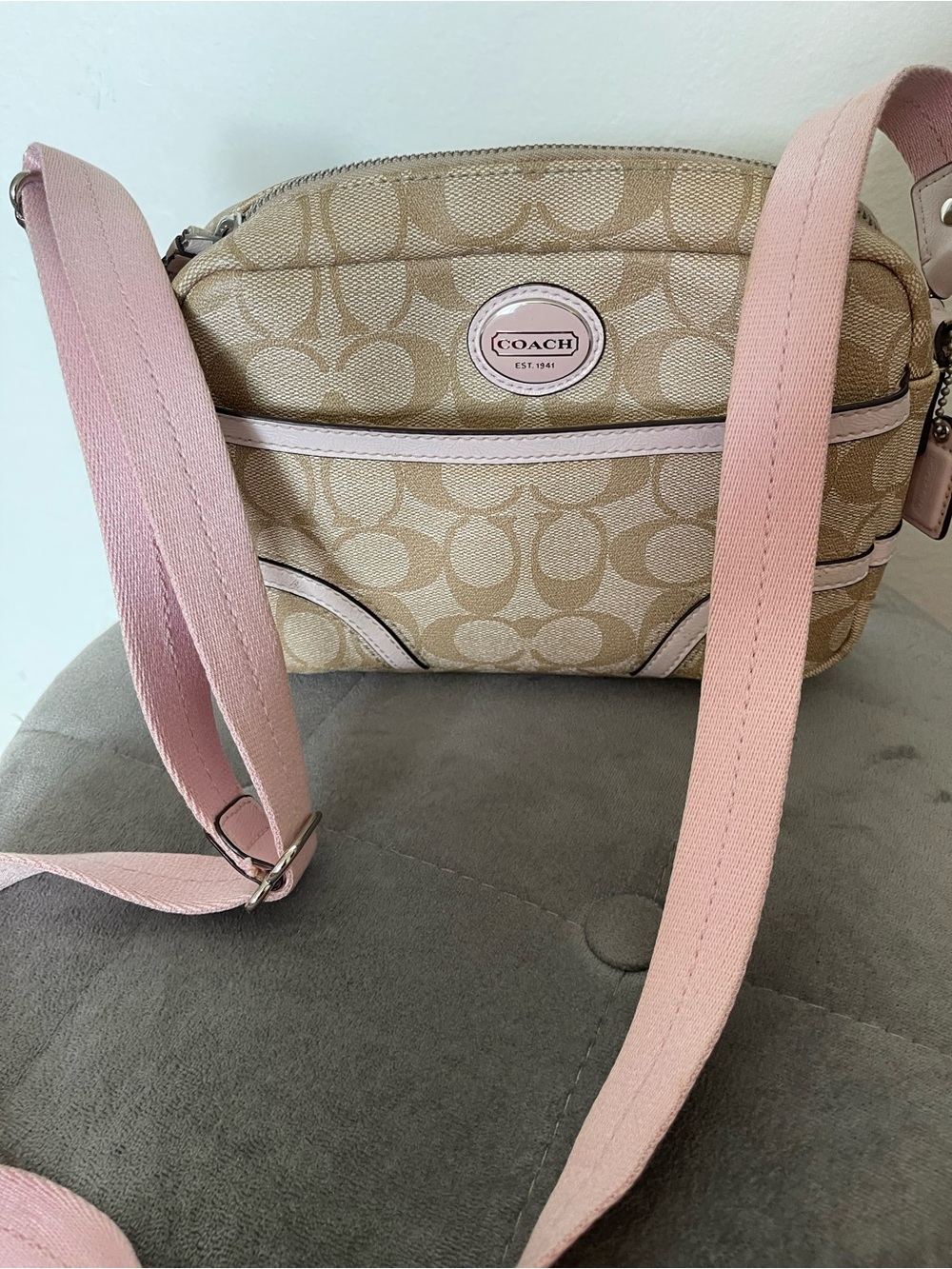 Coach Beige Signature Crossbody with Pink Strap and Trim